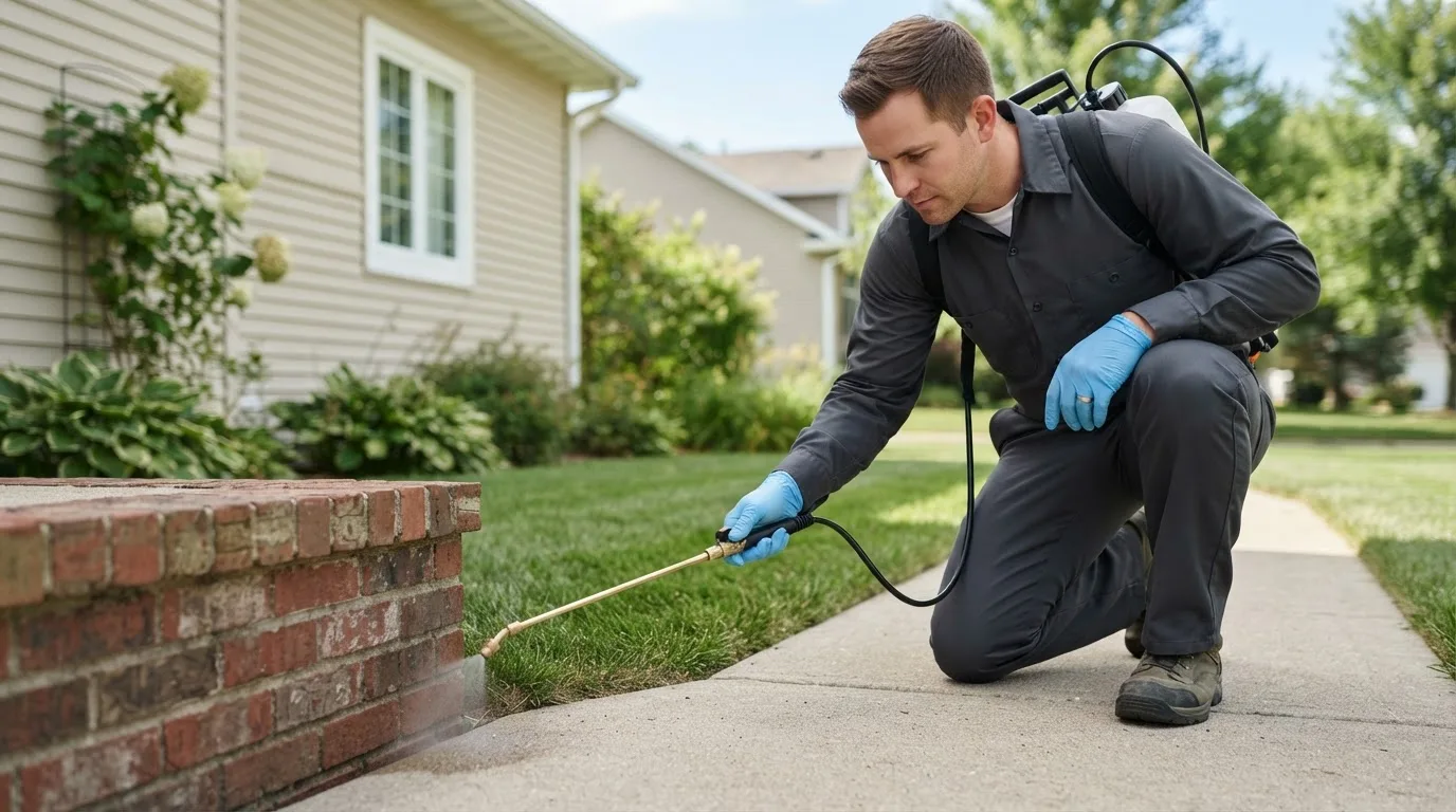 Pest control technician treating a home near Louisville, OH